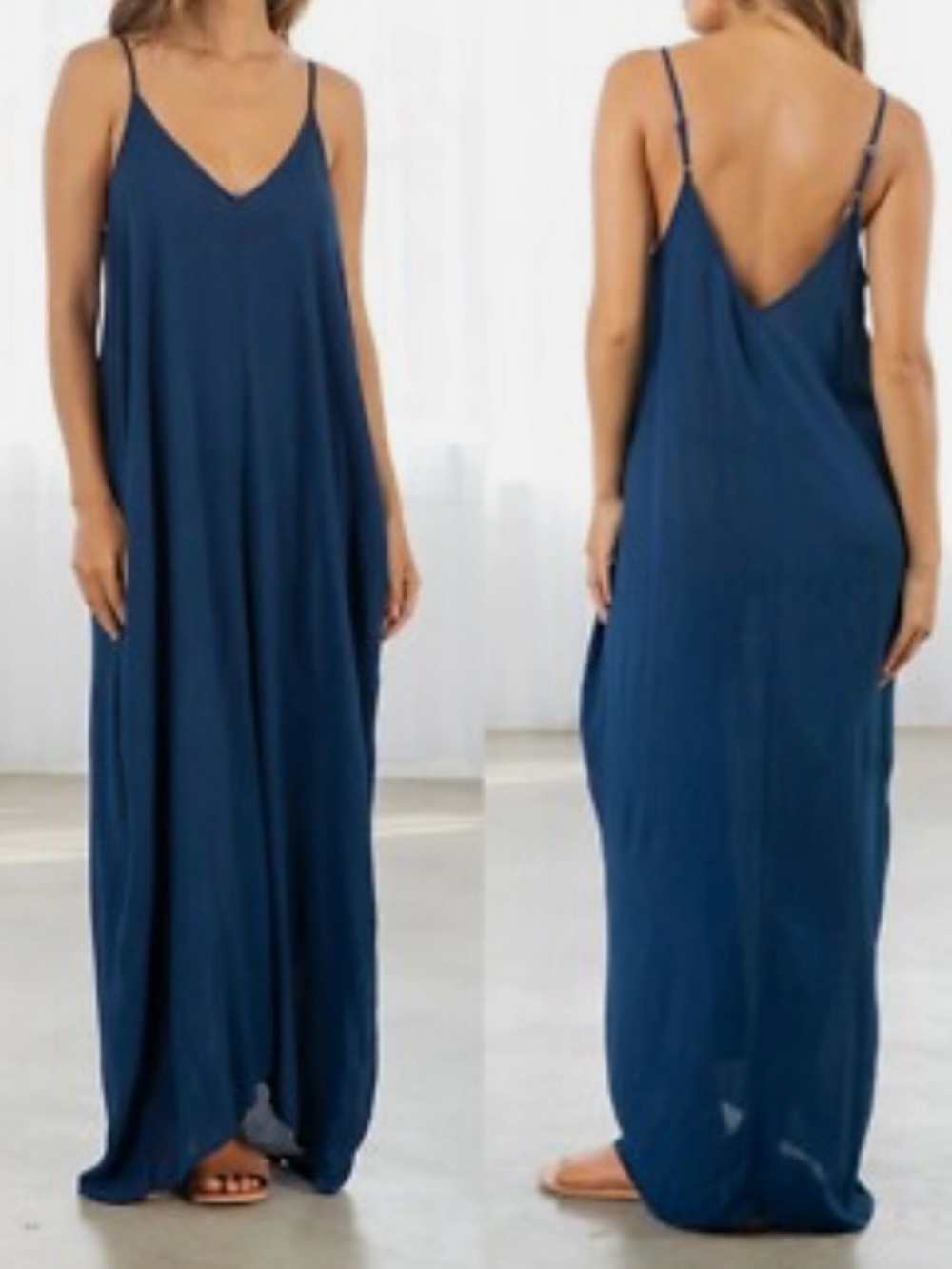 Blue Sleeveless V-Neck Maxi Dress with Spaghetti Straps